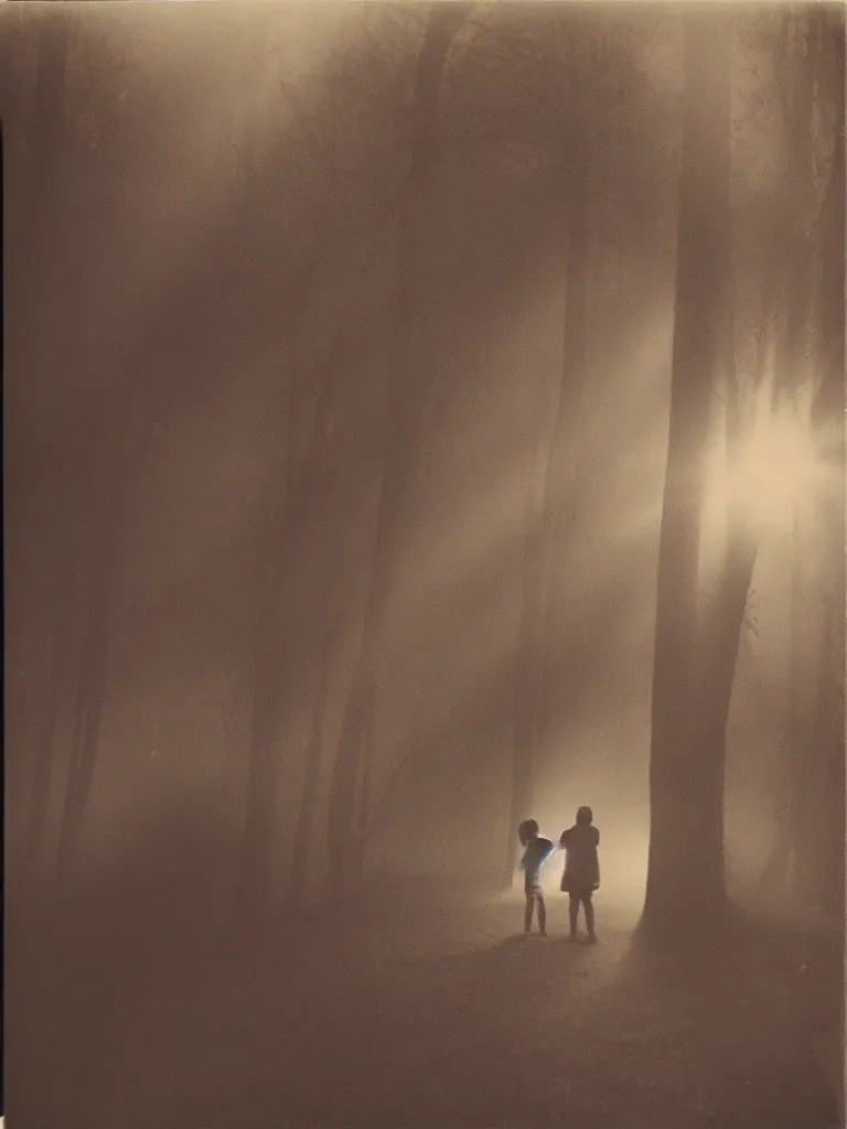 Image similar to a boy and a girl side by side, posing for a picture, a ray of light between their faces, god rays through fog, nostalgic, night, some trees in the background, dramatic reddish light, atmospheric, 1 9 7 0 s polaroid