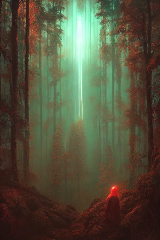 Prompt: vast forest, dreamlike, psychedelic, otherworldly, weird, cyberpunk, vaporware, interesting details, volumetric lighting, dramatic, fantasy, by Moebius, by zdzisław beksiński, ARTGERM, Fantasy LUT, epic composition, 8k,