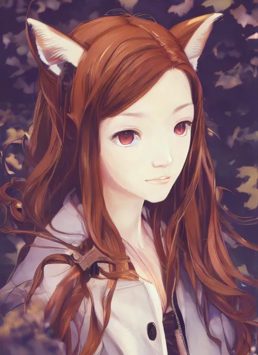 Image similar to portrait painting by shigenori soejima, beautiful girl, fox ears, focus on face, forest background, pretty, cinematic lighting, painterly, long wavy orange hair, light brown trenchcoat