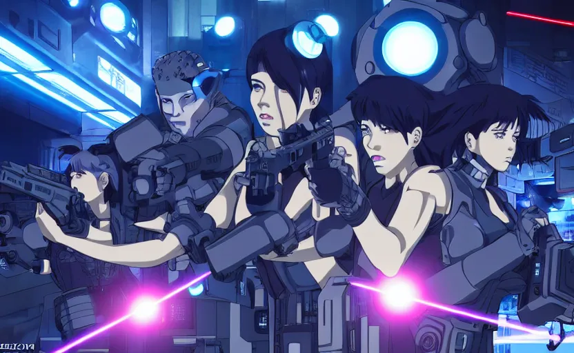 Prompt: action scene, female cyberpunk fighting tanks with lasers, symmetrical faces and eyes symmetrical body, Ghost in the Shell, Madhouse anime studios Black Lagoon Perfect Blue, Wit studio anime, Jormungand anime, studio lighting, bright colors, beautiful, 35mm lens, vibrant, high contrast