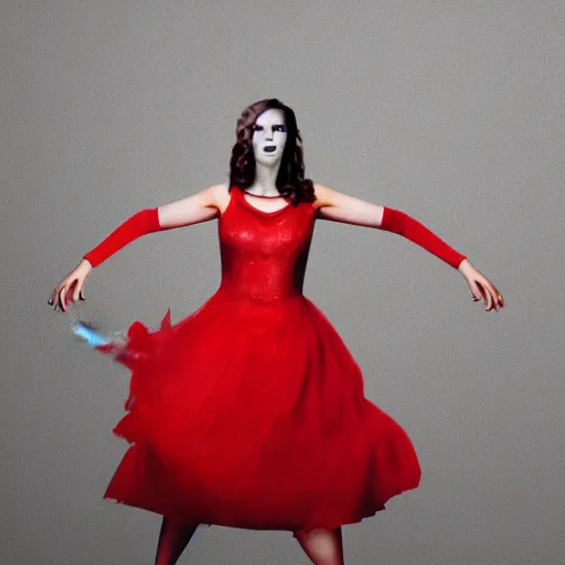 Image similar to a woman made of smoke, wearing a red dress, dancing, posed, photograph, photoshop,