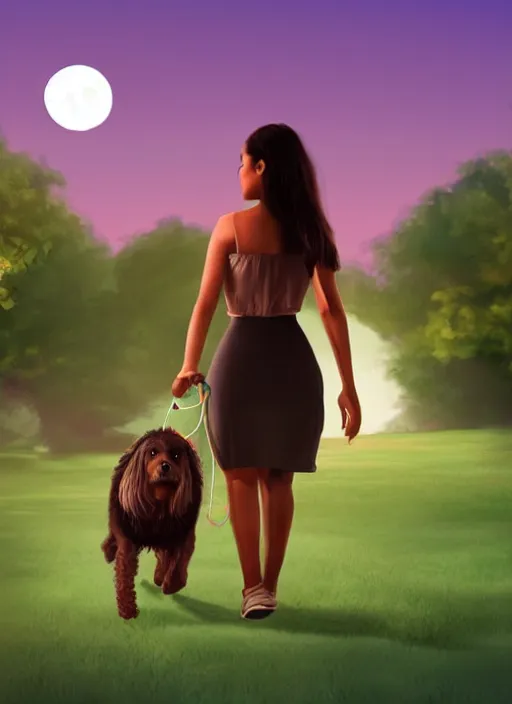 Prompt: young beautiful brown woman walking her dog in a park at night with a full moon, illustration, photoreal, fantasy