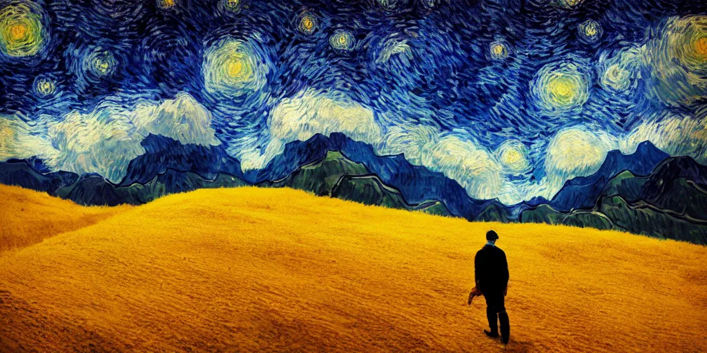 Image similar to landscape, mountain ranges, sky, style of Van Gogh starry night, atmospheric, cinematic, photographic, photoreal, digital art, small man center standing on mountain, valley mist