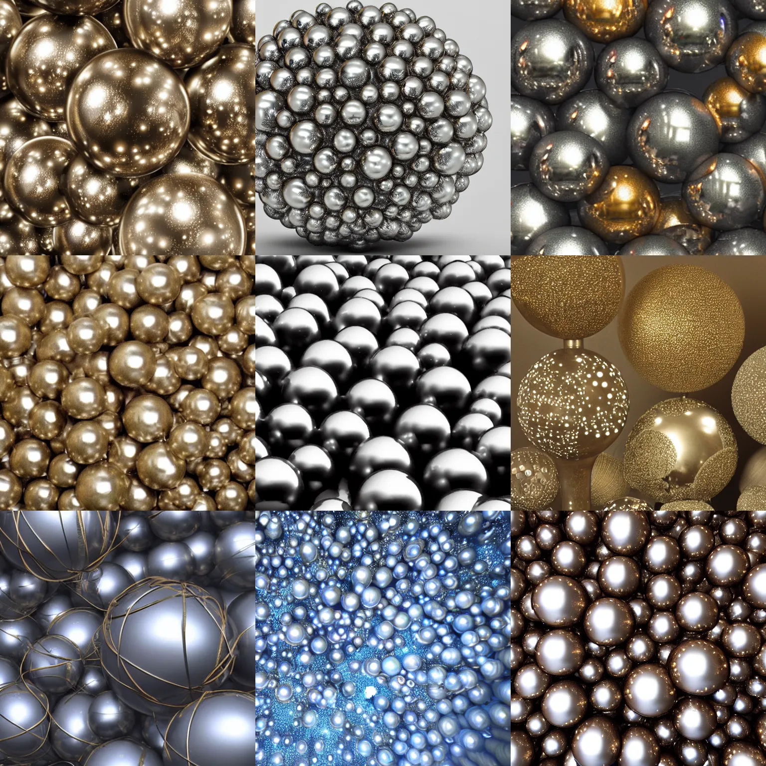 Prompt: cluster of metallic spheres