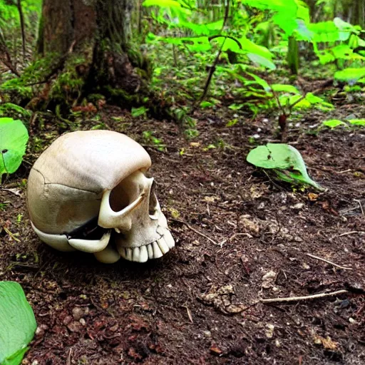 Prompt: a broken skull in the forest, mushrooms growing from cracks in the skull