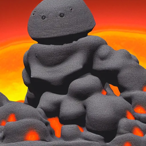 Prompt: a baby magma golem made of rock and lava, dark grey and orange colours, volcano in the background, detailed