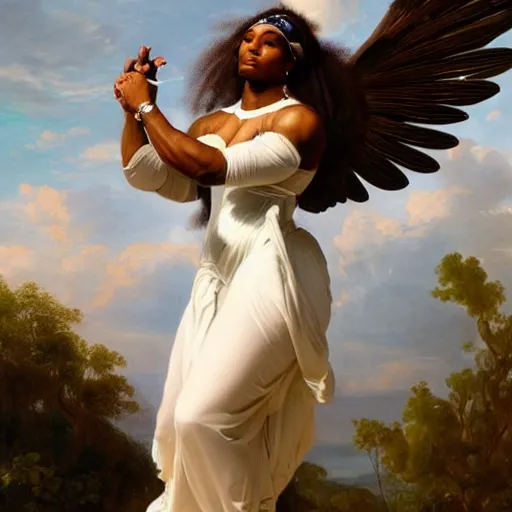 Image similar to Portrait of Serena Williams as Nike Goddess, large wings, luxuriant, dreamy, eternity, romantic, strong pose, highly detailed, in the style of Franz Xaver Winterhalter, highly detailed, in the style of Aetherpunk