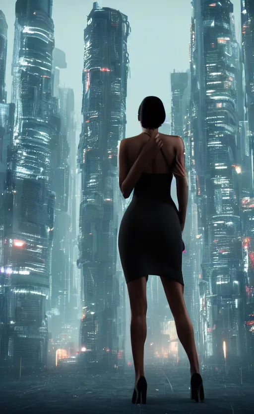 Image similar to an elegant Black woman in dress and heels, her back is to us, looking at a futuristic Blade Runner city, 8K