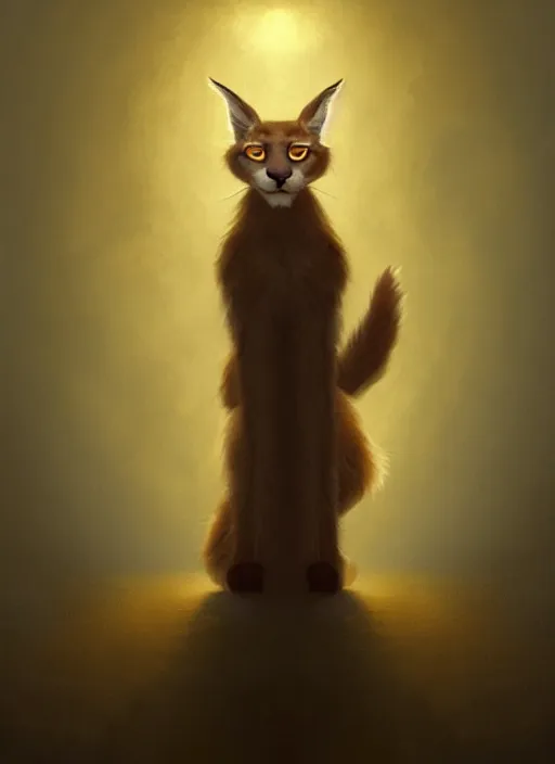 Image similar to surrealistic portrait of cute fluffy anthropomorphic caracal in golden clothes wearing vr in orthodox church, bokeh, foggy, dynamic lighting, darkness, ambients, dramatic, foggy, heavy bokeh and blur, cinematic, depth of field, art by bussiere rutkowski andreas rocha