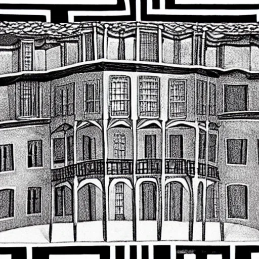 Image similar to impossible penrose house by M.C. Escher, painting with intricate details, black and white