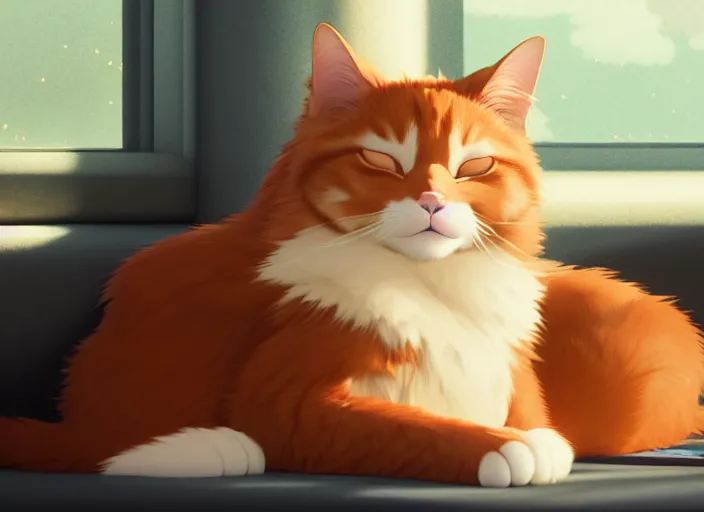 Prompt: a portrait of ginger cat, sleeping on a grey couch, close up, sun - rays, studio ghibli, pixar and disney animation, sharp, rendered in unreal engine 5, anime key art by greg rutkowski, bloom, dramatic lighting