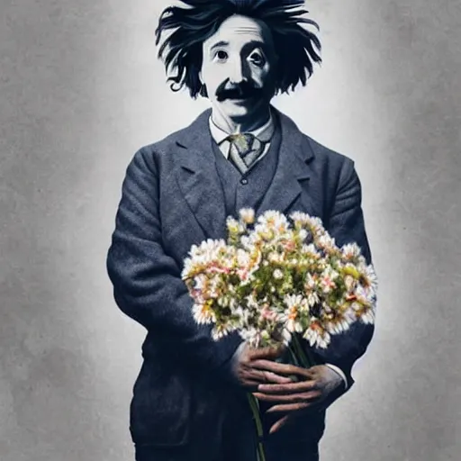 Image similar to portrait of einstein, holding a bouquet of flowers ， exude an eternity ， hyperrealistic, by beeple, greg rutkowski, caspar david friedrich, smooth, illustration, elegant, artstation, digital painting.