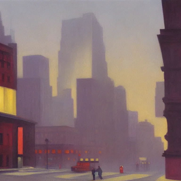Image similar to city fog, early morning, painted by Edward Hopper, painted by Wayne Barlow, airbrush