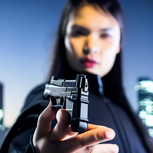 Image similar to photographic portrait of a techwear woman holding a Glock 18, closeup, on the rooftop of a futuristic city at night, sigma 85mm f/1.4, 4k, depth of field, high resolution, 4k, 8k, hd, full color