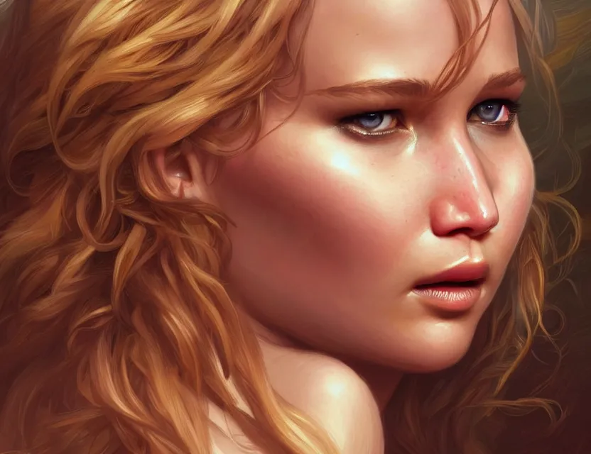 Image similar to Jennifer Lawrence, closeup, D&D, fantasy, intricate, elegant, highly detailed, digital painting, artstation, concept art, matte, sharp focus, illustration, hearthstone, art by Artgerm and Greg Rutkowski and Alphonse Mucha