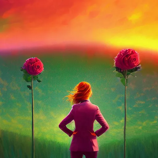 Image similar to closeup, giant rose flower head, frontal, girl in a suit, surreal photography, sunrise, blue sky, dramatic light, impressionist painting, digital painting, artstation, simon stalenhag