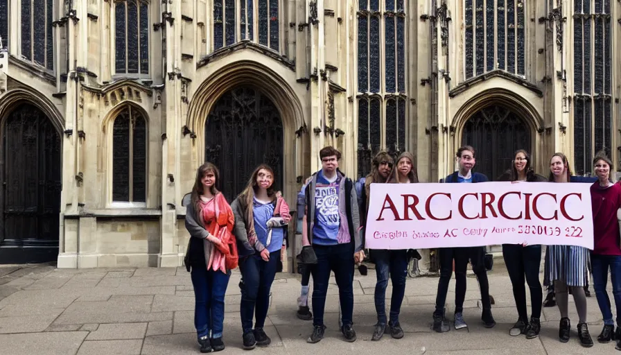 Prompt: A group of students stands in front of the Kings College chapel in Cambridge, holding a sign that says ARCSOC 2022–23