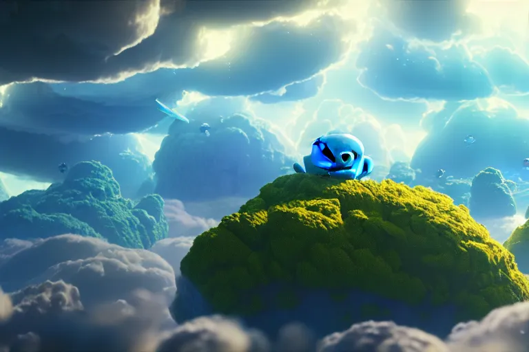 Prompt: cute, enormous, blue shiny creatures flying through floating islands, extreme cloud formations, uncanny, cinematic lighting, thomas cole, still from inside out, octane render, ray tracing, volumetric lighting, 4 k