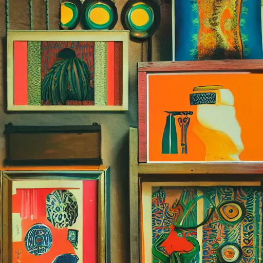 Prompt: An offset photography of a composition of five object on display, colors, (anthropology of wonder), ((((exotic artifacts)))), bauhause, tropicalism, (colonial expedition), three colors, exhibition print, 60s style