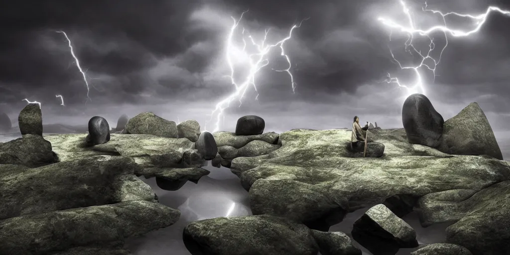 Image similar to photorealistic strange dark monks perform a ritual. magical symbols float above them. epic landscape with magically floating rocks, with ominous storm clouds, strange levitating stones, stones falling from the sky, a gentle rising mist. occult photorealism, uhd, amazing depth, glowing, golden ratio, 3 d octane cycle unreal engine 5, volumetric lighting, cinematic lighting, alphonse mucha