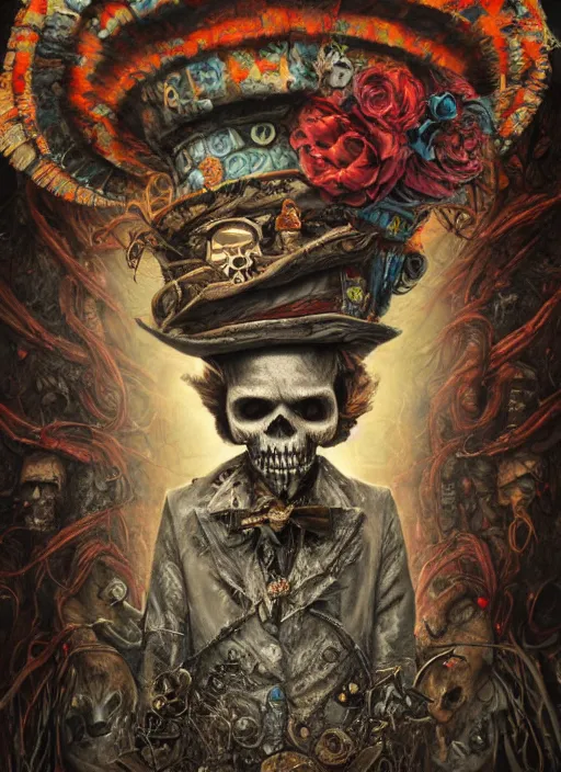 Prompt: mad hatter, mayan god, skull, highly detailed, cinematic, 8 k, by megan duncanson, benjamin lacombe, adrian borda, stanley artgermm, tom bagshaw, craig mullins, carne griffiths, ayami kojima, beksinski, giger, trending on deviantart, hyper detailed, horror, full of colour