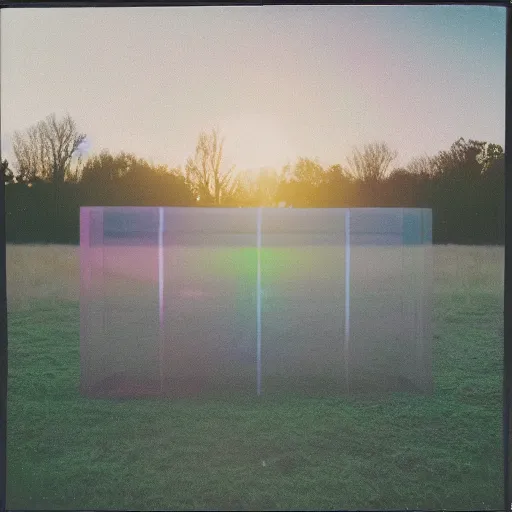 Image similar to a pastel coloured Polaroid photo of a minimalist sunbed made of transparent iridescent perspex stood in a field, beams of light, nostalgic