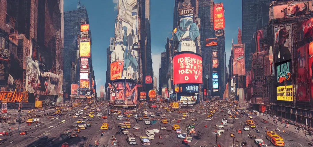 Prompt: Fallout New York Times Square, vibrant colors, 8k photorealistic, HD, high details, trending on artstation
