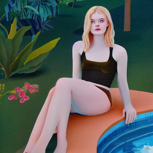 Prompt: Elle Fanning, next to a pool, golden hour, in a garden, artstation, in the style of Art Deco