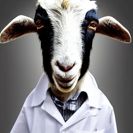 Image similar to a goat dressed in a lab coat