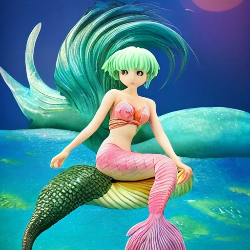 Prompt: Manga cover illustration of an extremely cute and adorable beautiful happy mermaid girl riding on top of a large one-eyed fish, 3d render diorama by Hayao Miyazaki, official Studio Ghibli still, color graflex macro photograph, DAZ Studio 3D