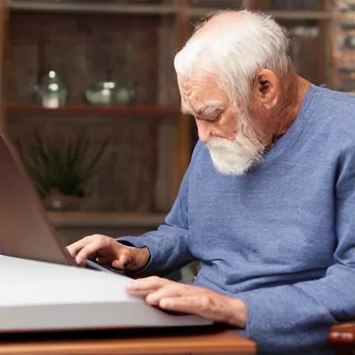 Image similar to old man sitting on a casket browsing internet on laptop from a casket casket