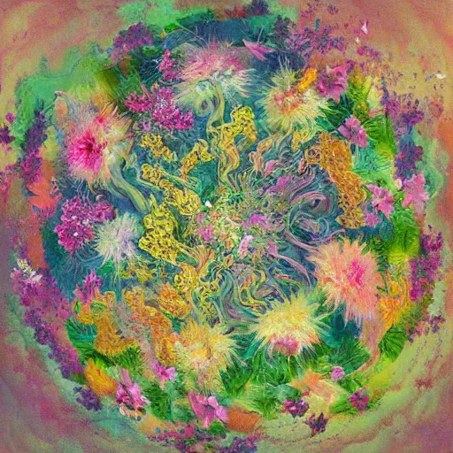 Image similar to This painting is a large canvas, covered in a wash of color. In the center is a cluster of flowers, their petals curling and twisting in on themselves. The effect is ethereal and dreamlike, and the overall effect is one of serenity and peace. kokedama by Nikolina Petolas, by Krenz Cushart, by Syd Mead wondrous