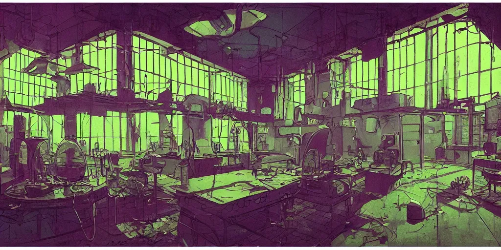 Prompt: messy grimy 90s science lab with circular windows, figures, bright fluorescent lights, neon colors, cinematic, cyberpunk, smooth, chrome, lofi, nebula, calming, dramatic, fantasy, by Moebius, by zdzisław beksiński, fantasy LUT, studio ghibli, high contrast, epic composition, sci-fi, dreamlike, surreal, angelic, 8k, unreal engine, hyper realistic, fantasy concept art, XF IQ4, 150MP, 50mm, F1.4, ISO 200, 1/160s, natural light, Adobe Lightroom, photolab, Affinity Photo, PhotoDirector 365,