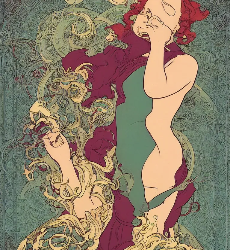 Prompt: Elizabeth Moss by Jamie McKelvie comic art, art nouveau, Peter Mohrbacher, Alphonse Mucha, full body shot