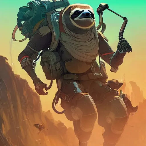 Image similar to lazy sloth as apex legends character, digital illustration portrait design, by android jones and greg rutkowski, retrowave color scheme, detailed, cinematic lighting, wide angle action dynamic portrait