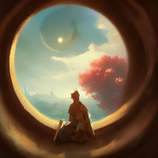 Prompt: a man looking out of a round window from space by peter mohrbacher, jeremy mann, greg rutkowski, android james, ross tran, beautiful, award winning scenery, 8 k quality, clean details, serene, sakura season