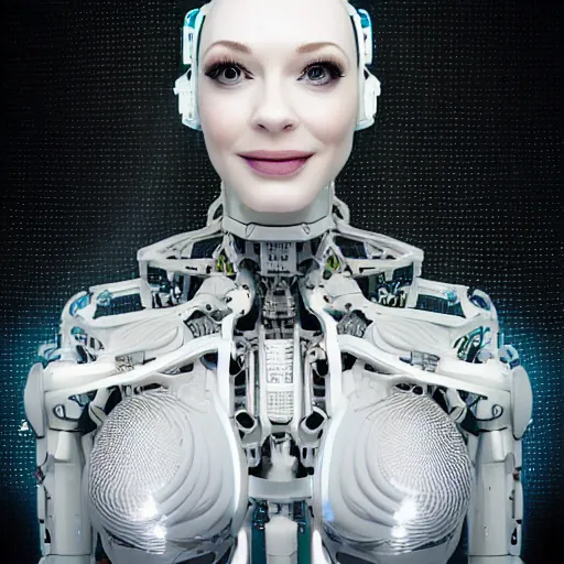 Image similar to beautiful centered Fine art photo portrait of delighted Christina Hendricks as a solarpunk robotic humanoid, white mechanical parts with led lights, photorealistic, white background, highly detailed and intricate, sun lighting, HDR 8k
