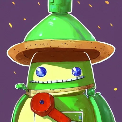 Prompt: little happy robot with big avocado hat and a carrot sword, made in abyss style, detailed background