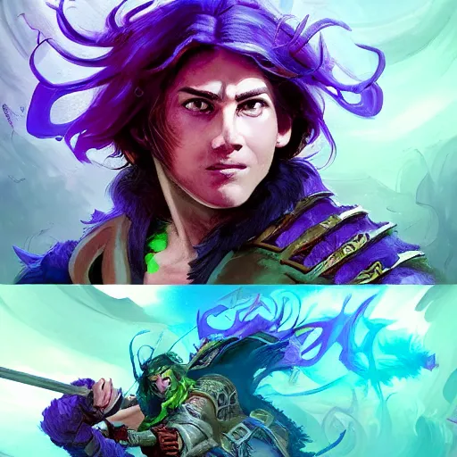 Image similar to a stylized portrait of a young boy with wavy brown hair and green eyes as an evil barbarian warlord, stylized, arcane magic, blue and purple vapor, neon color, vivid color, lens flare, volumetric light from below, background by justin gerard, hyperdetailed concept art by Ross Tran and Greg Rutkowski, high quality DnD illustration, trending on ArtStationHQ, 8k
