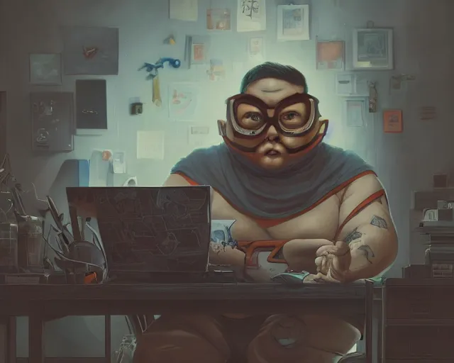 Image similar to an insanely detailed painting of a slightly chubby, nerdy asian man wearing a superhero costume and mask, sitting at a desk, staring at the nervously at the computer and typing, in the style of peter mohrbacher, dramatic lighting and composition, octane render, trending on artstation, concept art, comic book, view from behind