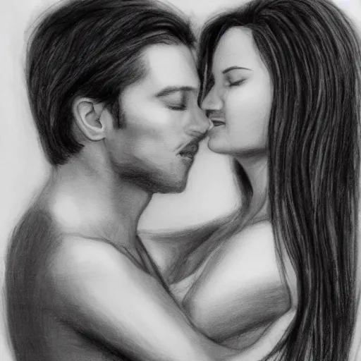 Image similar to pencil art. good looking man and beautiful woman in love. self portrait.