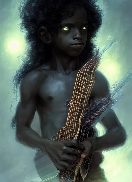 Image similar to fantasy changeling black kid with long curly hair playing electric guitar, two half's between, dim light, front game card, marvel comics, dark, intricate, highly detailed, smooth, artstation, digital illustration by ruan jia and mandy jurgens and artgerm and wayne barlowe and greg rutkowski and zdislav beksinski