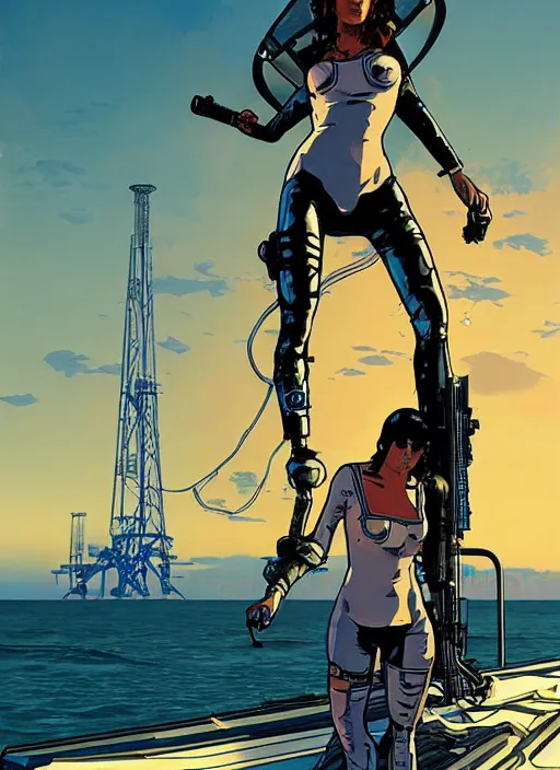 Prompt: maria. cyberpunk cartel assassin on tactical skiff. burning oil rig in the background. portrait illustration, pop art, art by ashley wood, alphonse mucha, laurie greasley and josan gonzalez. cinematic. dynamic lighting. realistic proportions. creative design. cell shading. machete
