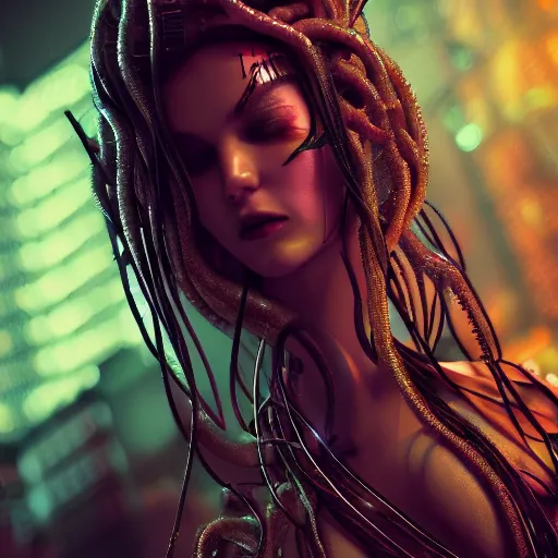 Prompt: Cyberpunk medusa, dark atmosphere, cinematic shot, glamour, intricate, ornate, photorealistic, ultra detailed, realistic, 35mm, photography, neon, octane, high definition, depth of field, bokeh, 8k, artstation