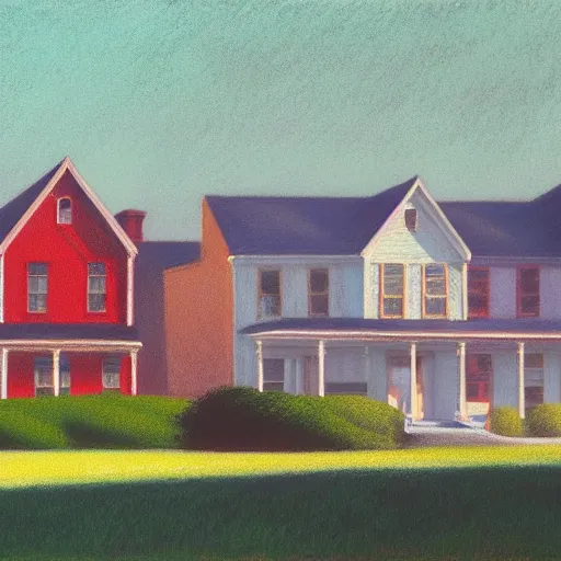 Image similar to suburban american neighborhood on early morning with mist over the houses, painting by edward hopper, illustration, 4k, high quality, 1980, pastel colors, film grain,