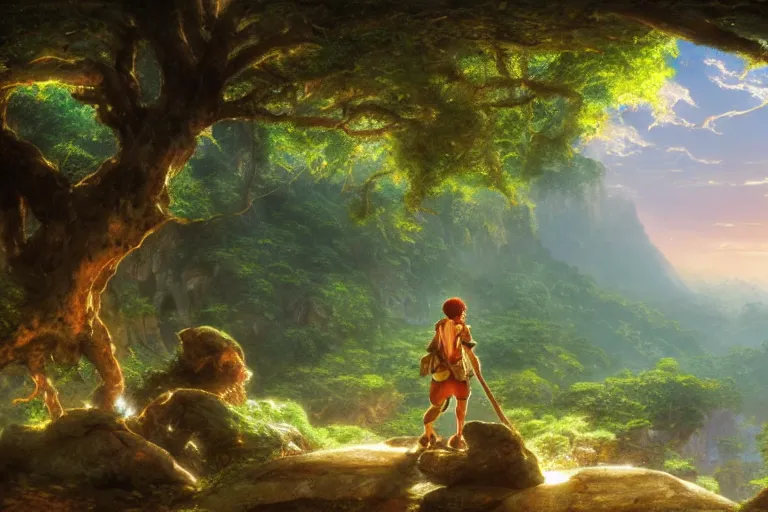 Prompt: a detailed of the greatest explorer emerging from the jungle as a shonen anime protagonist, 1 8 th century south america, octane render, 8 k, volumetric lighting, in the style of disney, art by albert bierstadt and thomas moran