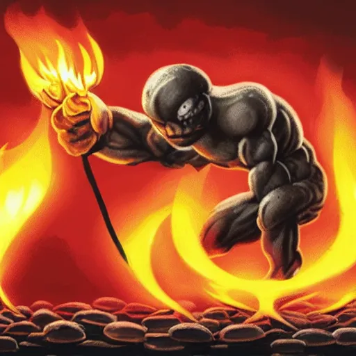 Image similar to a bomb with arms and legs lighting itself on fire with a match