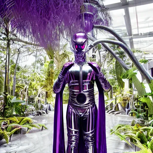 Image similar to conde nast traveler photo, inside a futuristic detailed alien jungle made out of shiny reflective chrome, futuristic android with limbs made out of stretchy rubber tubing mixed with shiny colorful giant intricate detailed chrome gauntlets and chest piece and luchador mask, wearing a long purple velvet cape, fog and mist