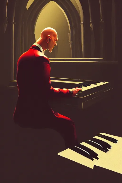 Image similar to an expressive portrait of agent 4 7 playing the piano in a monastery, dark background, red rim light, digital art, artstation, concept art by giger stalenhag