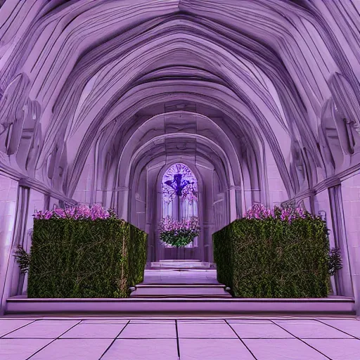 Image similar to vaporwave chapel, liminal space, high detail, rendered in unreal engine, 3d render, god rays, volumetric lighting, vegetation